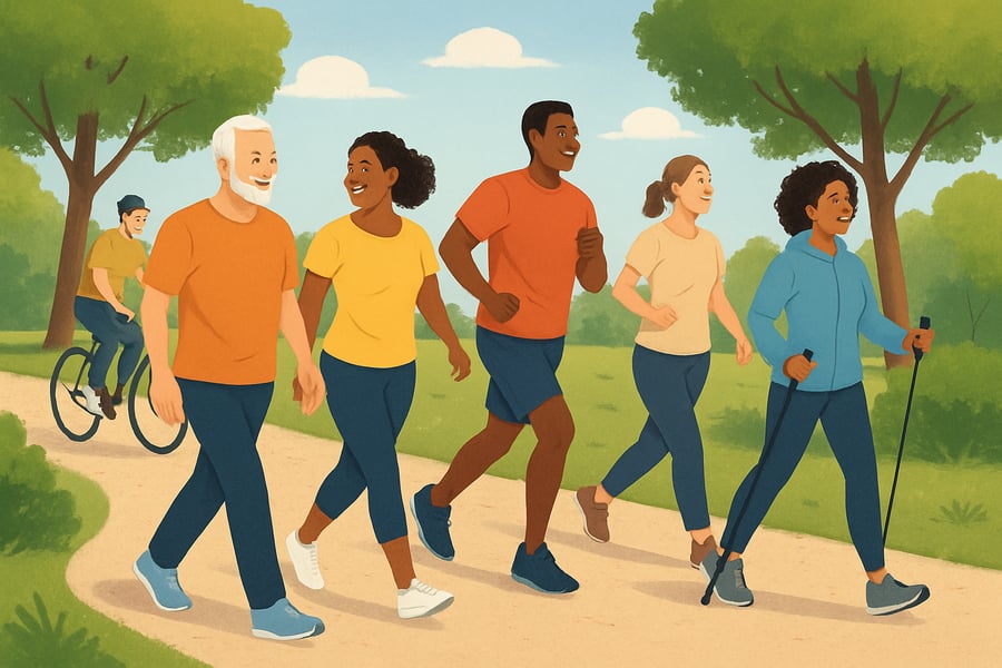 People walking and exercising together in a park, representing community health and active lifestyle. People walking and exercising together in a park, representing community health and active lifestyle.